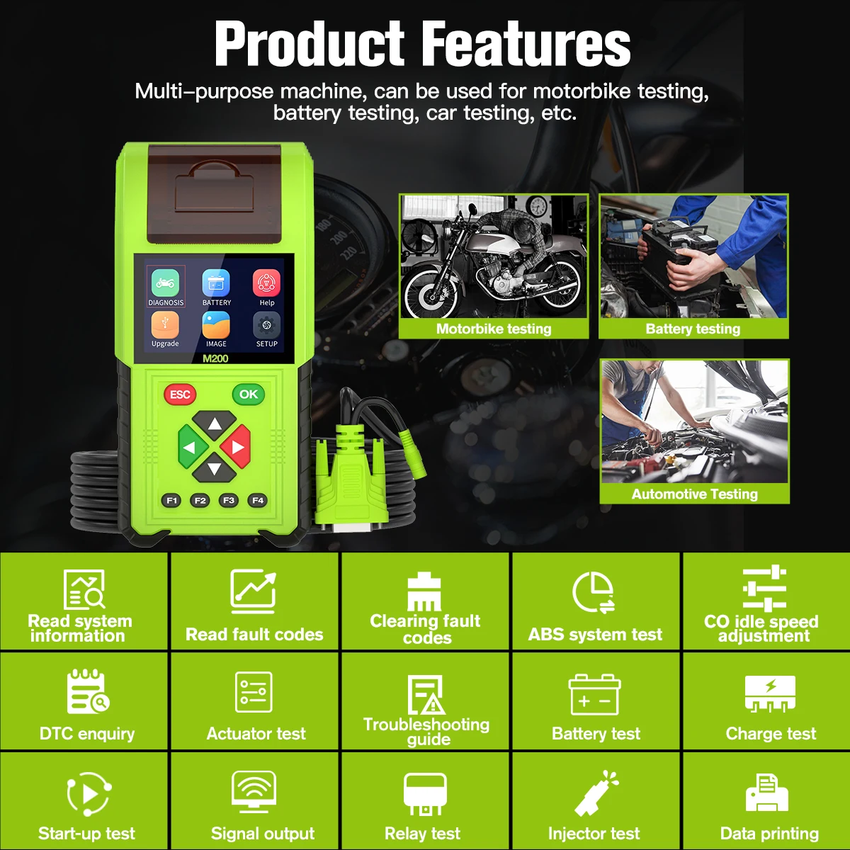 

2024 New JDiag M200 Motorcycle Scanner de Diagnostic OBD2 Moto Fault Code Reader Battery Tester for Honda Yamaha PK M100Pro M300