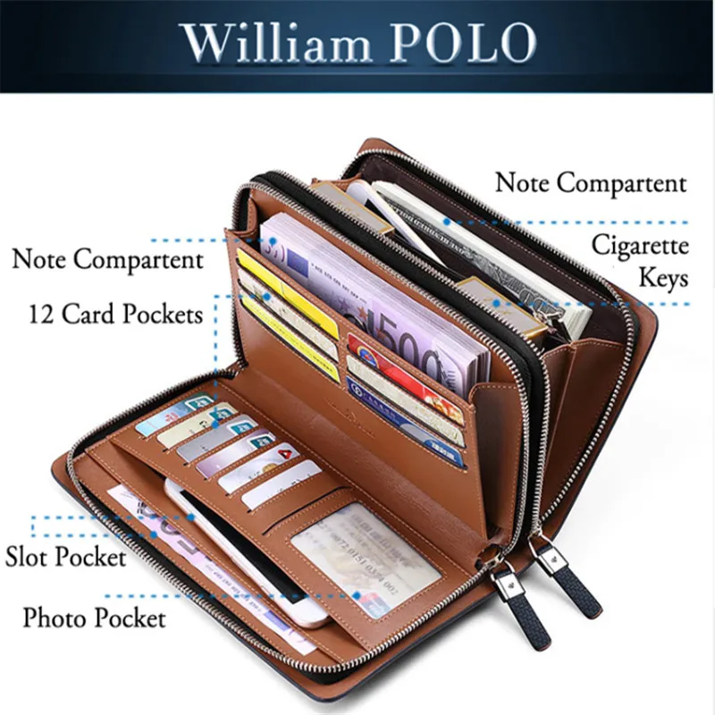 WILLIAMPOLO Men's Wallet Business Large Capacity Clutch Bag Genuine Leather Clutch Wallet Double Zipper Handbag Long Men Wallet 4