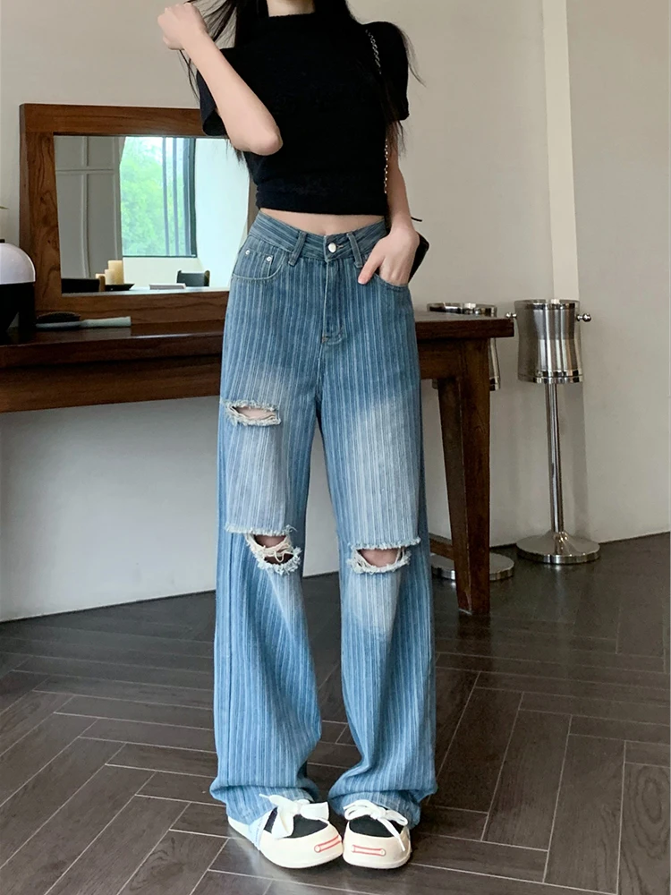 

Women Jeans High Waist Retro Ripped Wide Leg Pants Straight Leg Jeans Hollow-out Pants Women's Casual Street Pants Multip