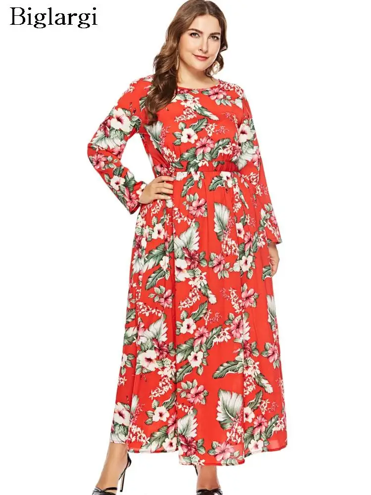 

Plus Size Autumn Floral Long Dress Women Chiffon Flower Print Casual Ladies Dresses Fashion Long Sleeve Pleated Woman Dress 2023