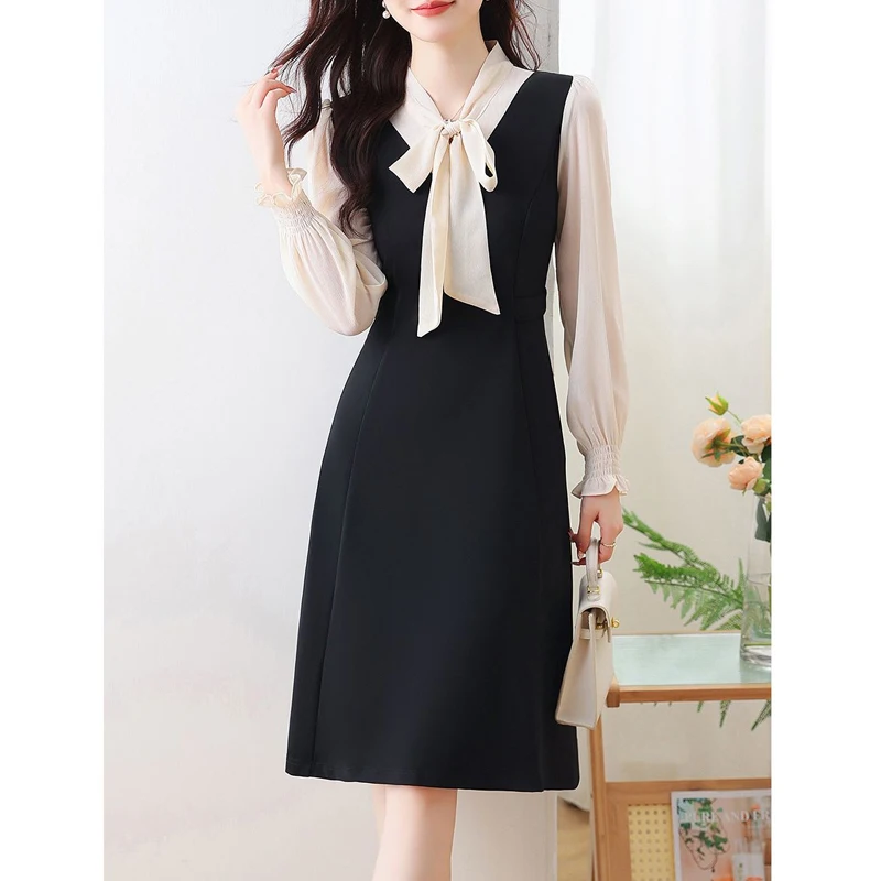 

Spring Autumn New Fashion Long Sleeve Midi Dress Women High Street Scarf Collar Bow Patchwork Fake Two Pieces All-match Vestidos