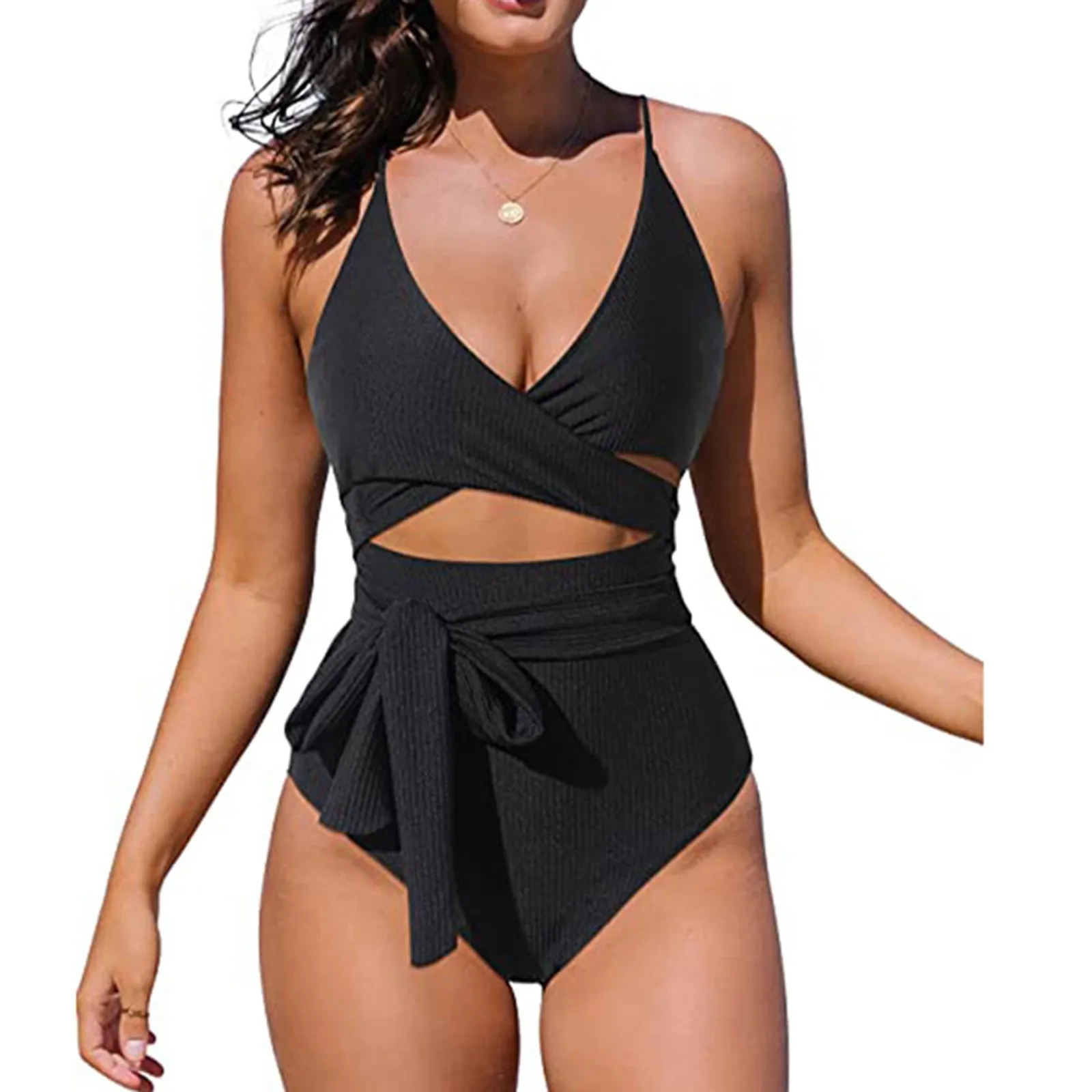 

Women's Swimming Costume Black Soft And Comfortable Without Steel Support With Chest Pads Waist Tropical Two-Piece Swimsuit