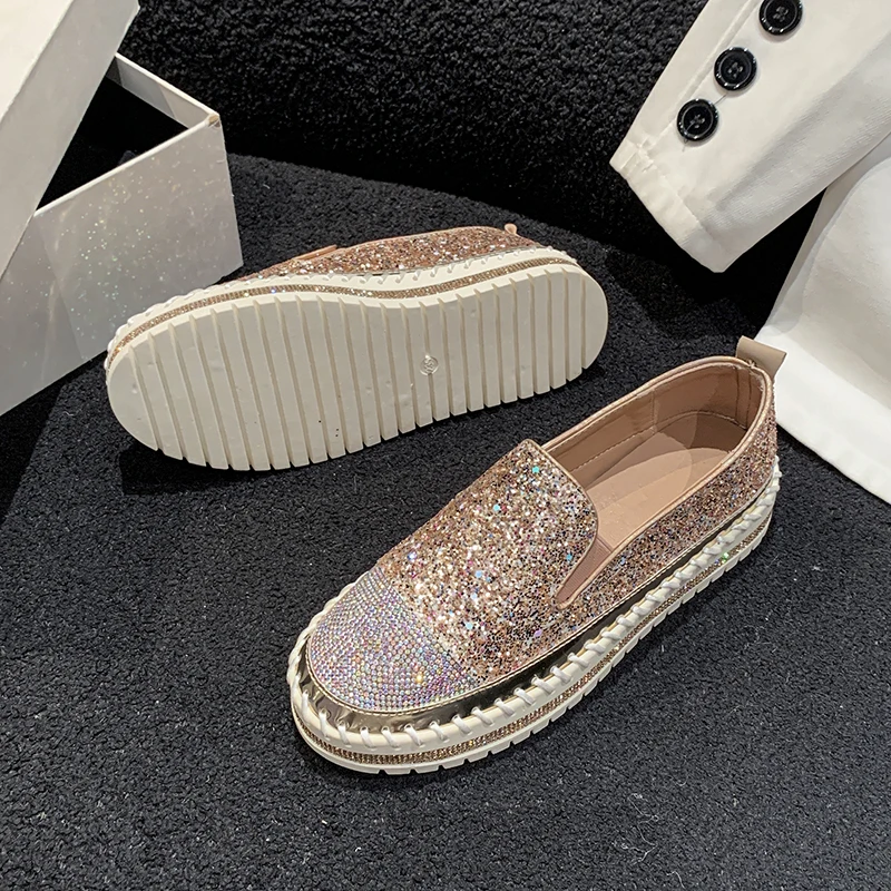 Aphixta 3cm Platform Crystals Round Toe Leather Flats Shoes Women Silver Bling Loafers Shoes Woman Flat With Students Size 43