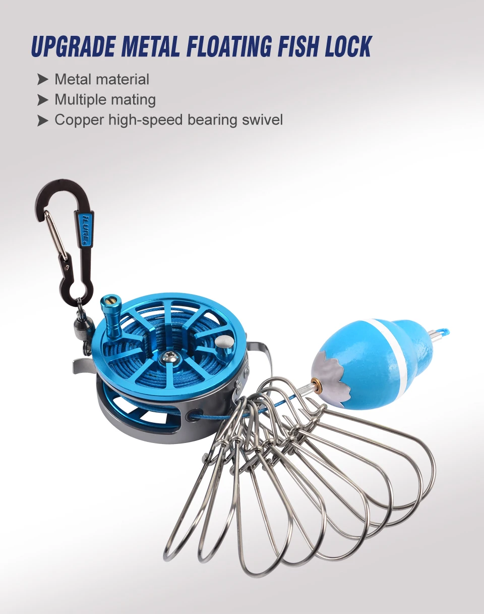 Tragbare Angel-Lock-Schnalle, lebende Fisch-Lock-Schnalle mit Rolle, Edelstahl, 8 Druckknöpfe, Stringer-Schwimmer, Angelrolle, Meeresgerät – Detail 1