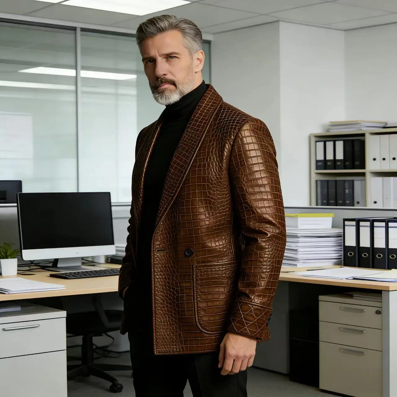 Men's Crocodile Embossed Leather Blazer Double Breasted Business Casual Brown Jacket Office Wear Formal Plus Size Suit Coat