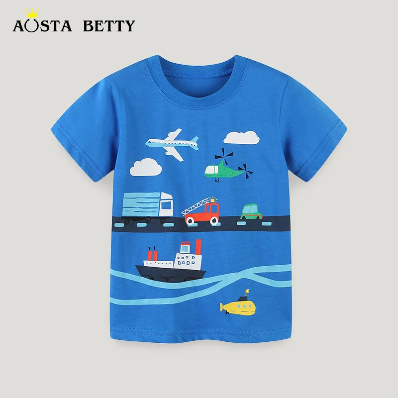 Summer ChildrenTT-shirt Knitted Cotton ChildrenTT Shirt Style Boy's round Neck ShorttCute Printed TopAosd