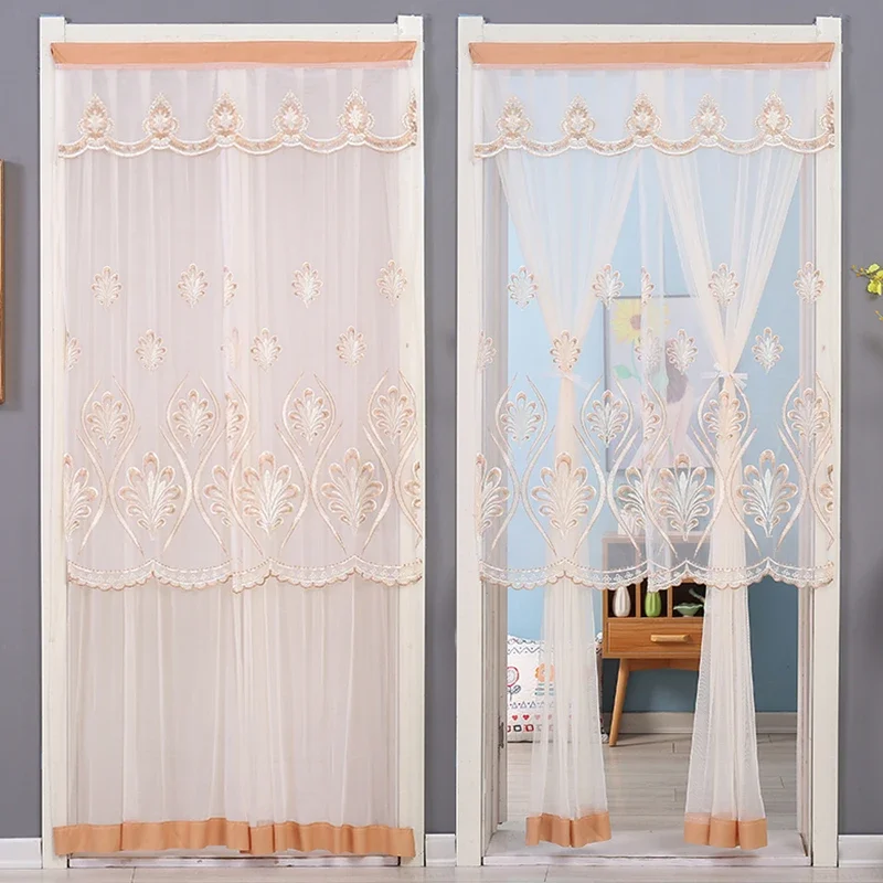 thumbnail image 1 of Cortinas de puerta bordadas con encaje de malla, sin perforaciones, de doble capa, transparentes, con borde ondulado, decorativas, de media cortina, 1 of 5
