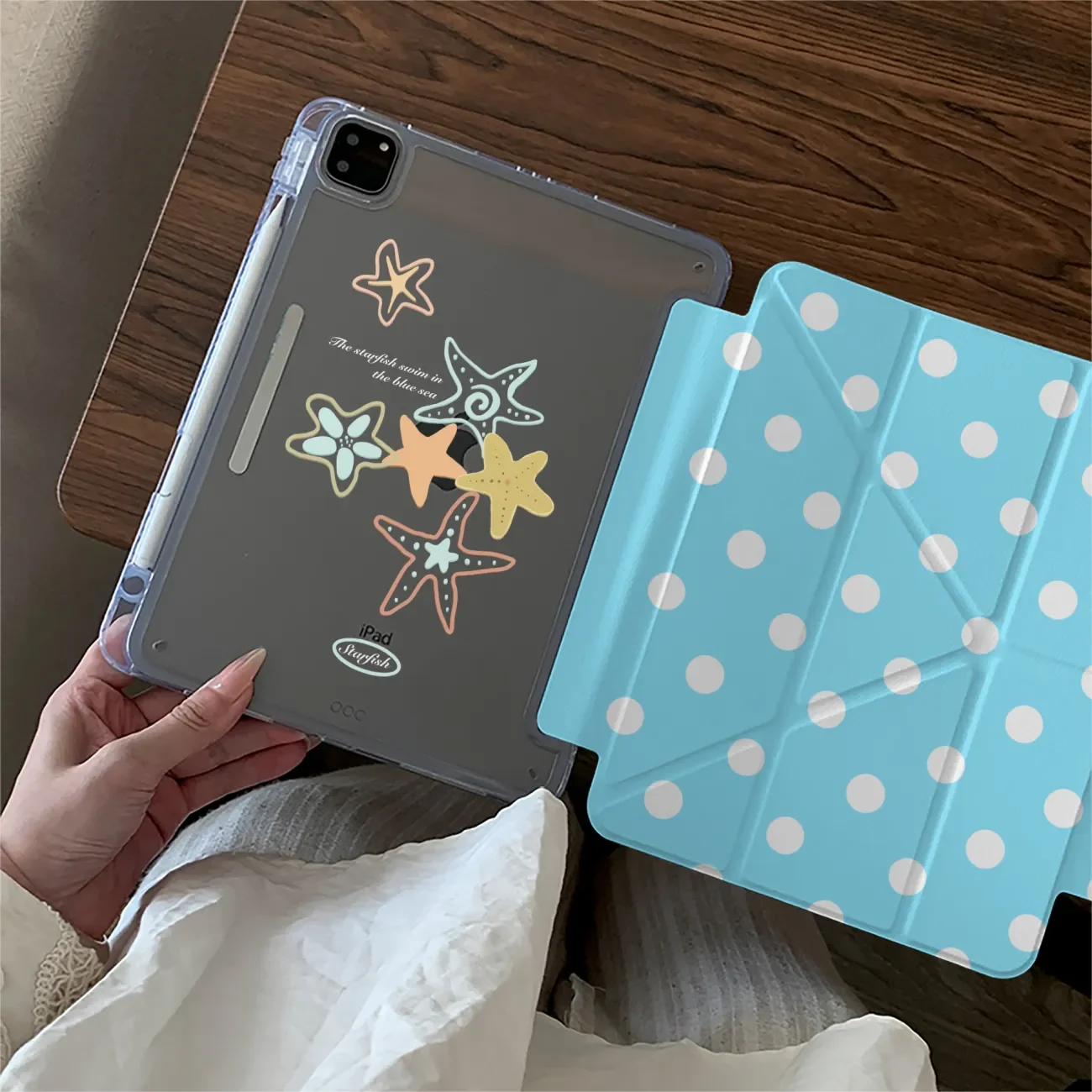Summer Fresh White Wave Point Adhesive iPad Case with Buckle Edge Design