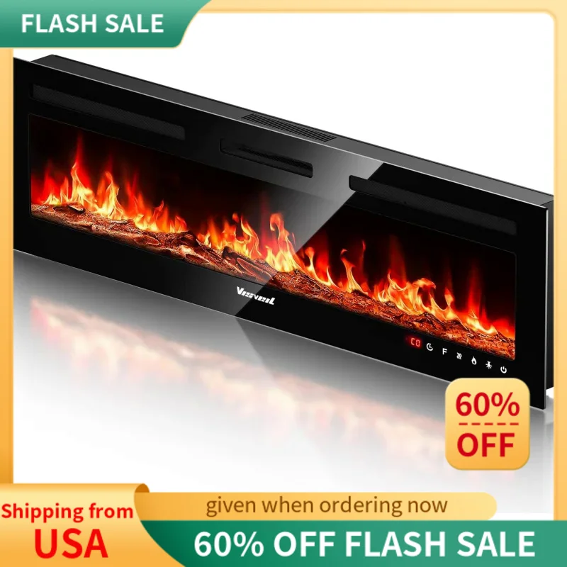 

VISVEIL Electric Fireplace 60Inch,Realistic Flame Electric Fireplace Heater,Log Set/Crystal Flames 750-1500W with Timer Inserts/