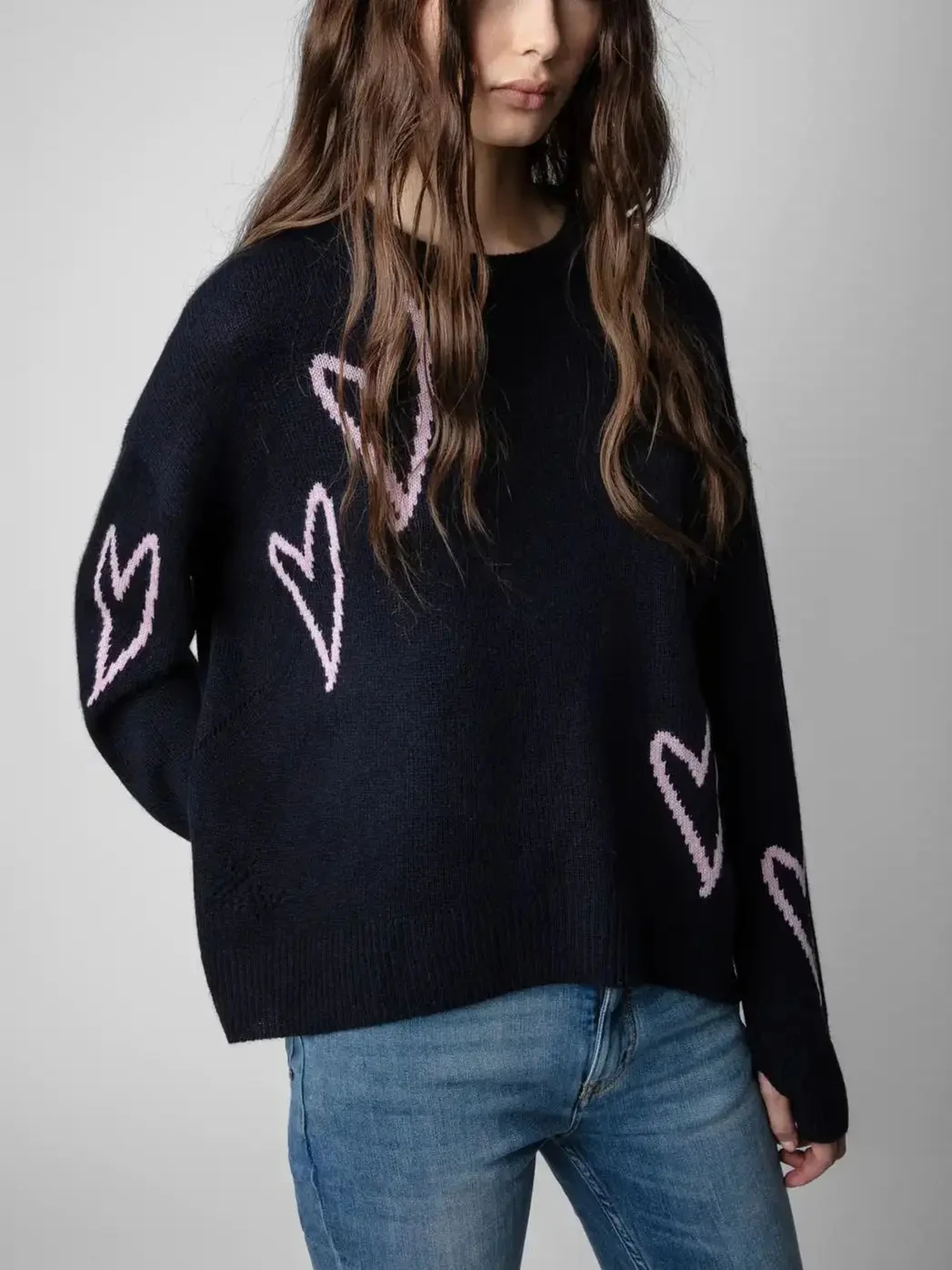 

100% Cashmere Women's O-neck Sweater Heart-shaped Jacquard 2024 New Female Long Sleeve Loose Jumper for Autumn Winter