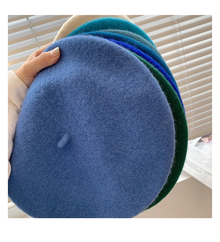Wolle Baskenmütze Hut Für Frauen Herbst Winter Retro Britischen Candy Farbige Solide Weiche Berets Flache Vintage Maler Kappe Casual Warm Halten – Detail 14