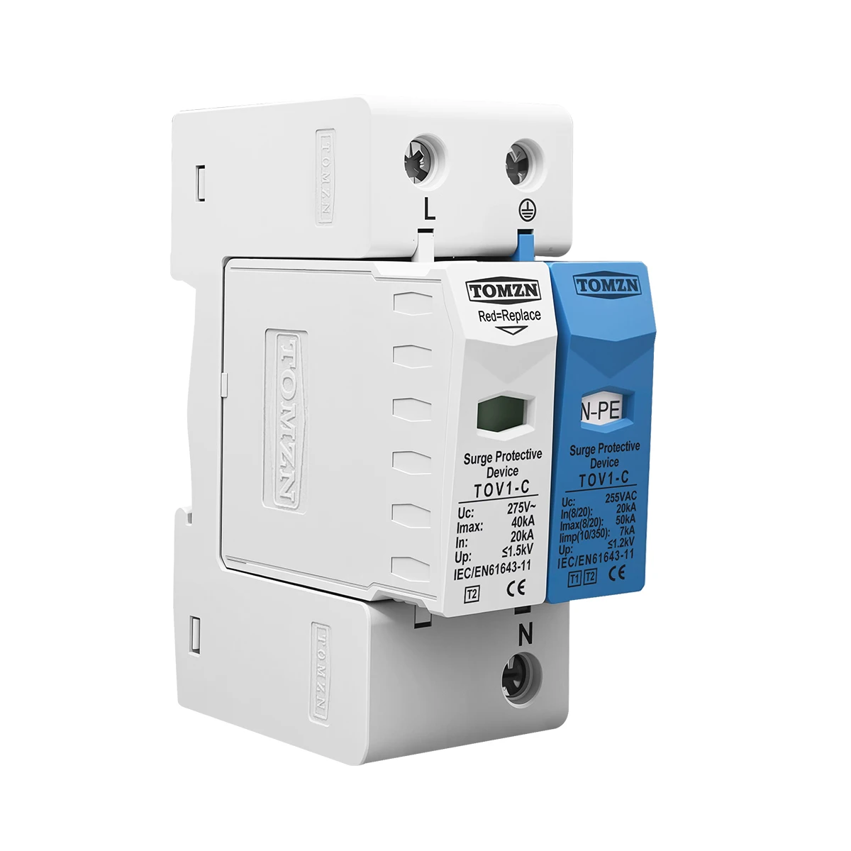 TOMZN AC SPD 1P+NPE 50kA T2 385V 255V 가정용 서지 보호기 저전압 피뢰기