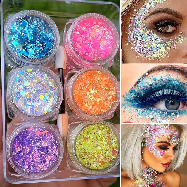 6 jars/set Eyeshadow Glitter Gel Cream Face Hair Body Nail Glitter Gel Heart Star Moon Loose Sequins Festival Makeup Decorations