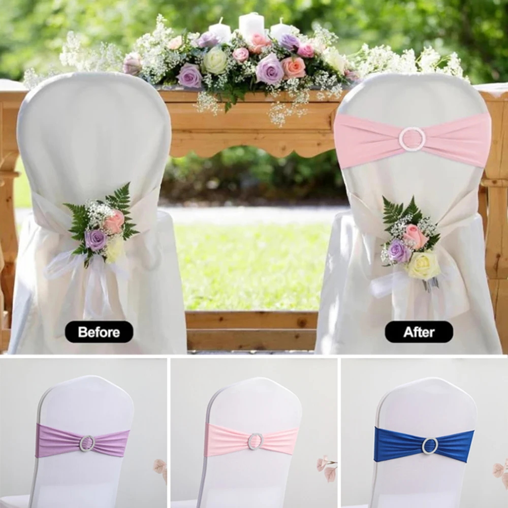 

Wedding Chair Back Hotel Home Seat Chair Back Cover Elegant Chair Knot Sashes Seat Elastic Band Circular Buckle Seat Decoration
