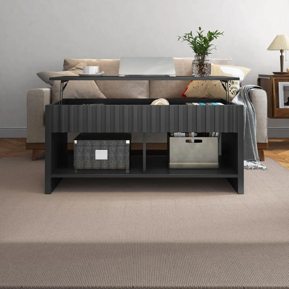 Fluted Lift Top Coffee Table, Wooden Coffee Table Dining Table with Storage Shelf and Large Hidden Compartment 5