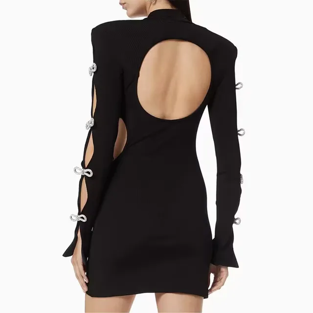 Bow Hollow Tight Long Sleeve Black Backless Shiny Bandage Dress For ...