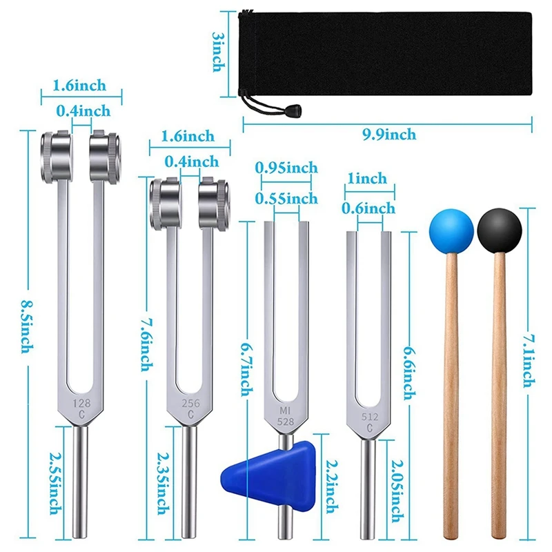 16 Pack Tuning Fork Set(128 Hz,256 Hz,512 Hz,528 Hz)With Tuning Fork Hammer For Sound Sound Vibration Tools