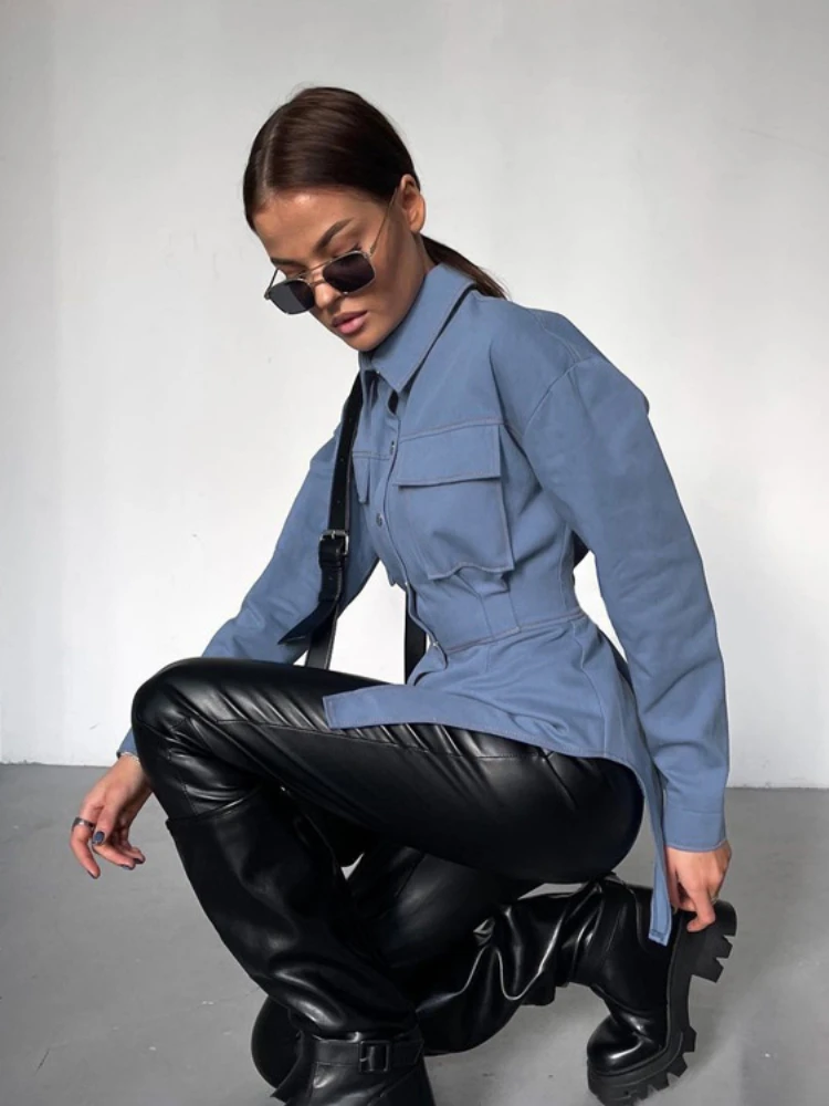 2024 New Women Fashion  Elegance Flip Collar Irregular Design Feeling Waist Closing Single Breasted Women's Long Sleeved Shirt