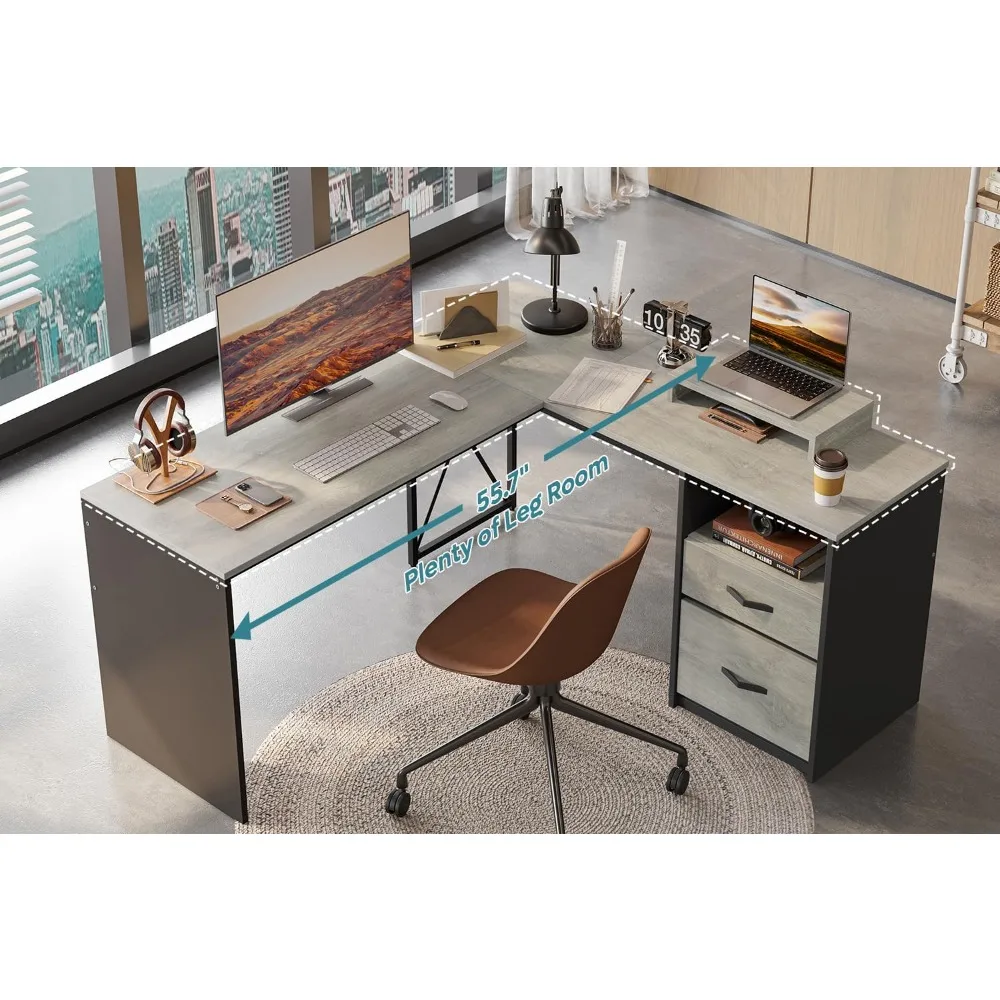 L Shaped Desk with Drawers, 55 inch Office L Desk with Reversible File Drawer, Industrial Wood Computer Desk 4