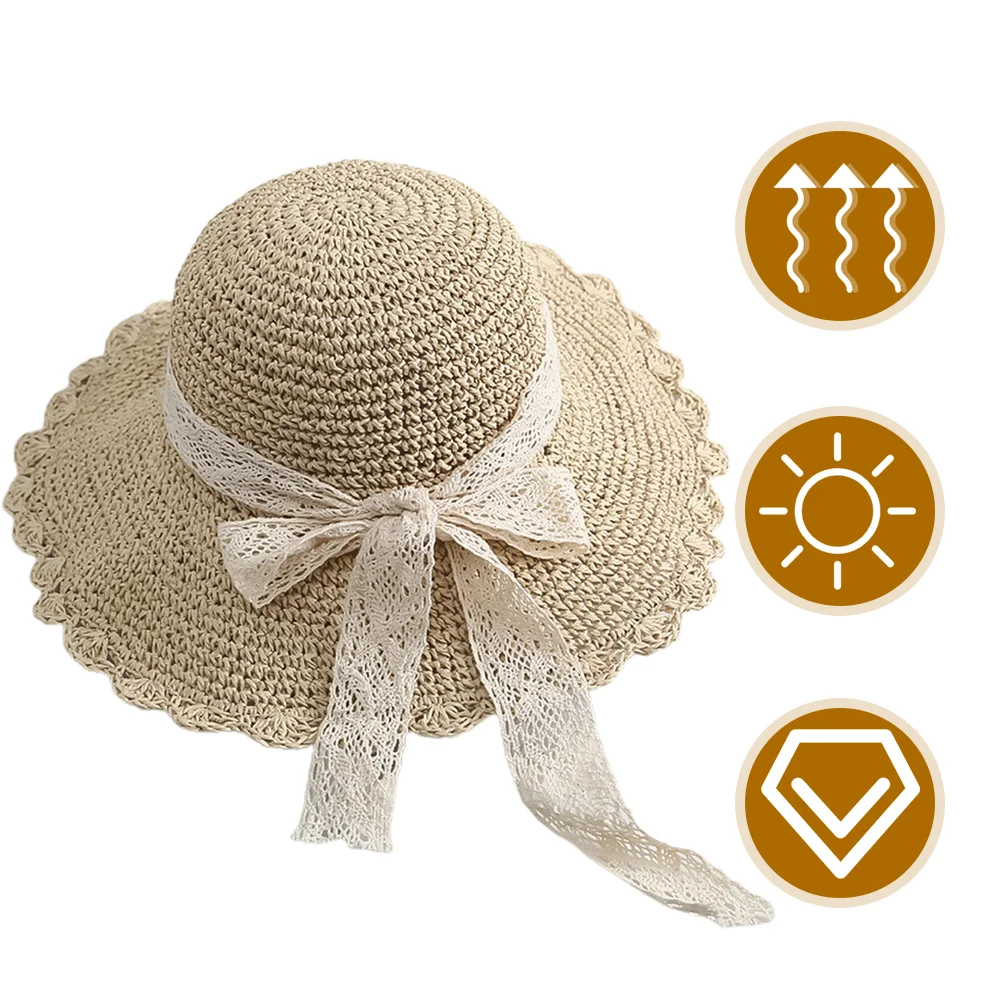 

Lace Straw Bow Hat Casual Women Wide Brim Beach Sun Braid Protection Female Cap Trendy Hats