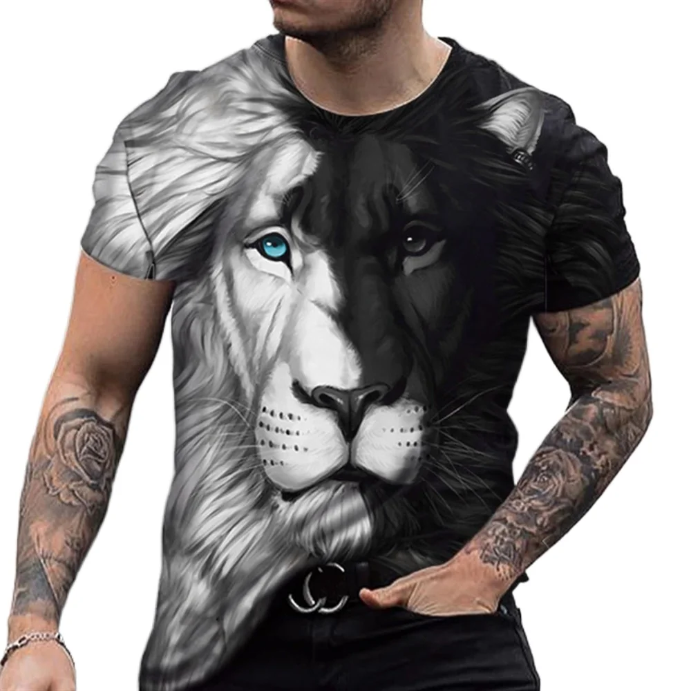 

Summer T Shirt Animal Lion 3D Printed Short Sleeve Streetwear Oversized Tops Casual Outfits Fashion Black and White Men's Tee