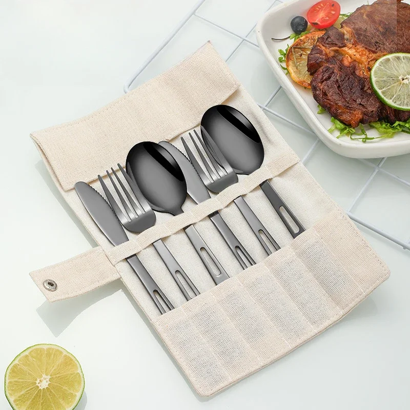 Set Posate Da Campeggio In Acciaio Inox Per 1 Persona – 7 Pezzi Con Custodia, Per Escursioni E Picnic