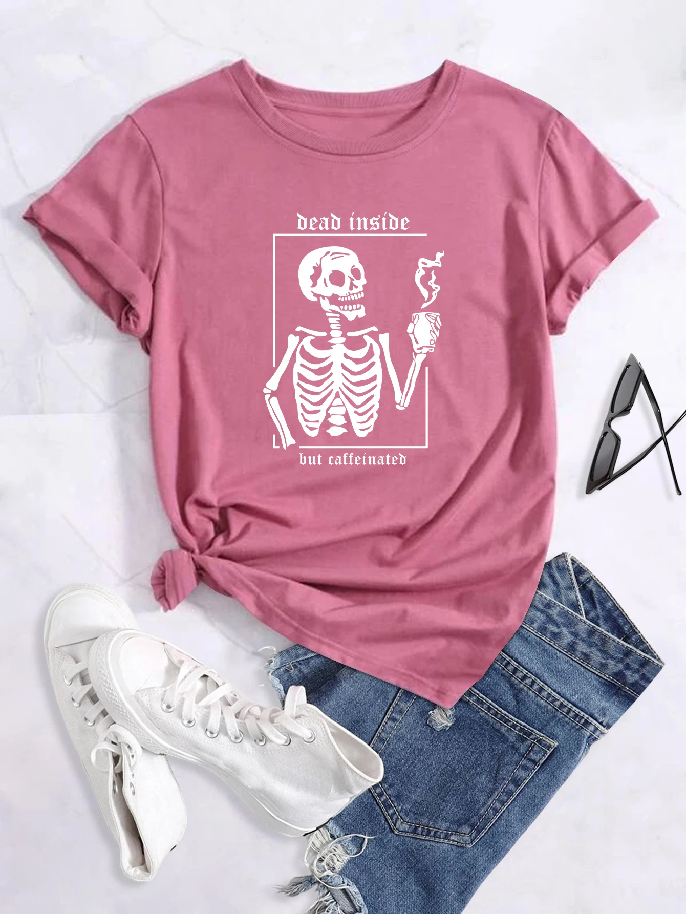 T-shirt girocollo con stampa 'Dead inside But Caffeinated', T-shirt estive casual a maniche corte larghe e alla moda, da donna_voghion.com