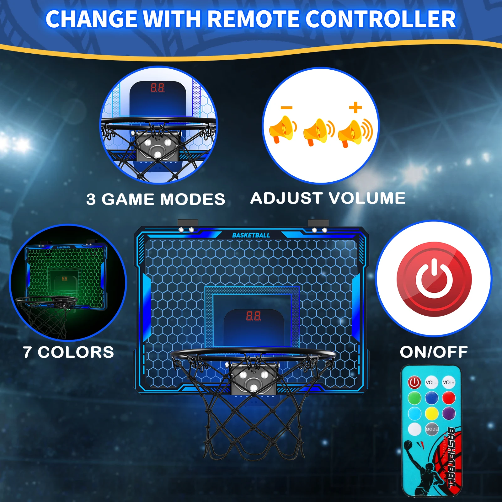 Remote Control Basketball Hoop Indoor with 7 LED Lighting, Over Door Basketball Hoop, Basketball Toys Gift for Kids, Adults