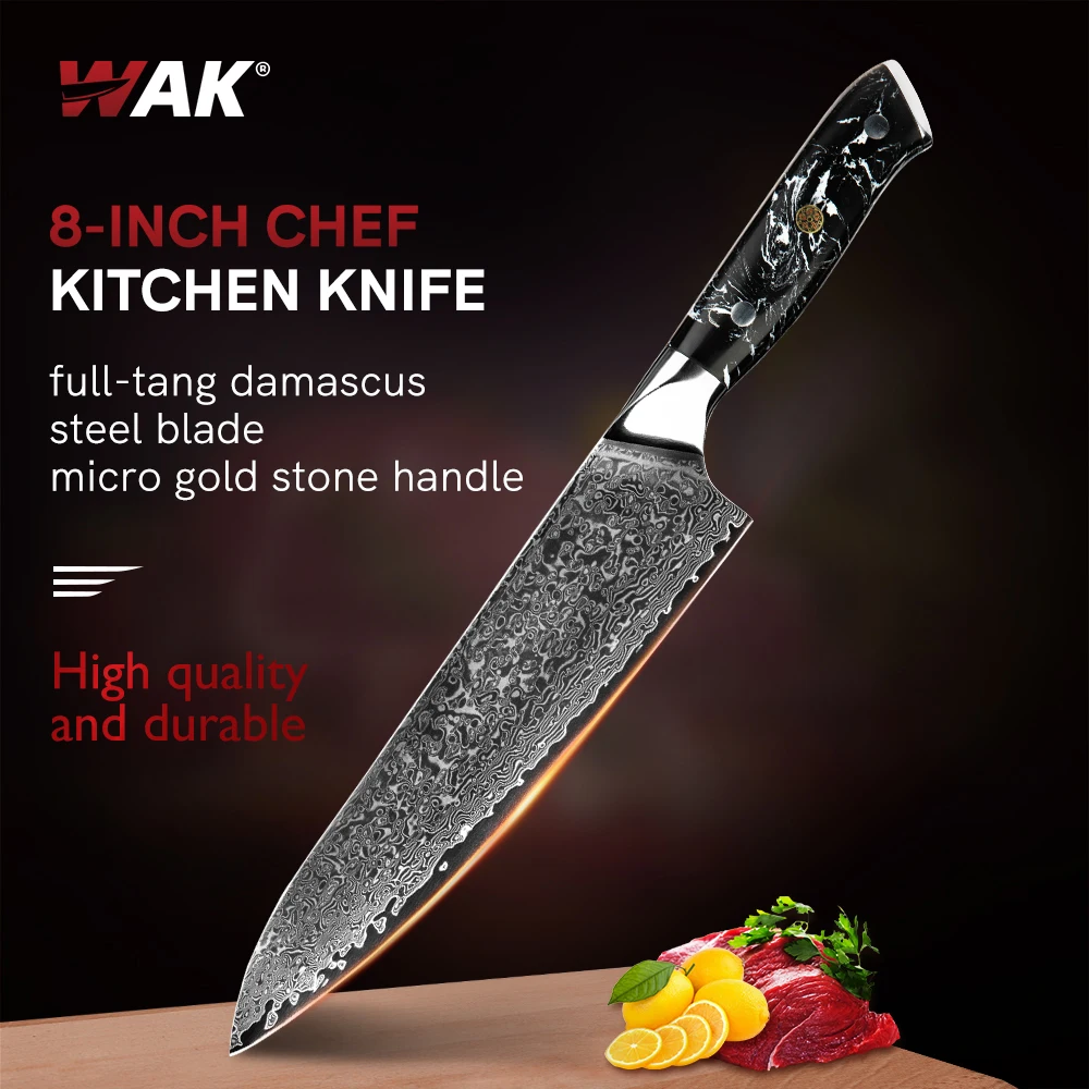 

WAK 8'' Chef Knife Kitchen Tool 67 Layers Damascus Steel Full Tang Meat Vegetable Cutting Tool with Micro Gold Stone Handle