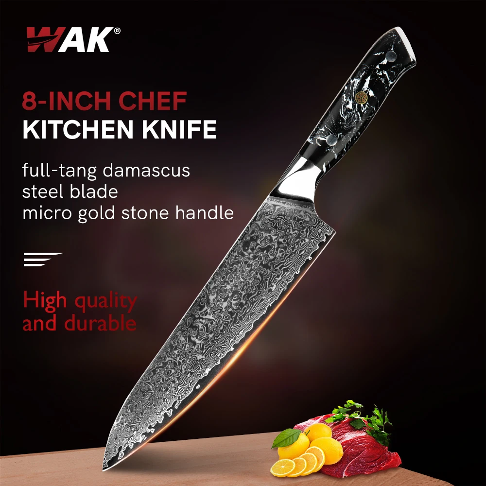 WAK 8'' Chef Knife Kitchen Tool 67 Layers Damascus Steel Full Tang Meat  Vegetable Cutting Tool with Micro Gold Stone Handle