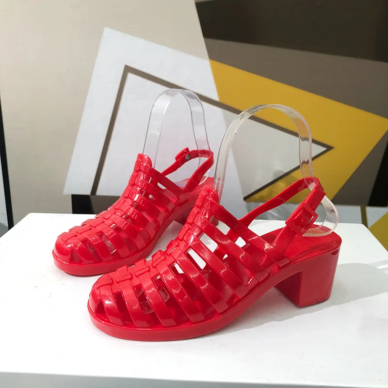 PlasticBeachSandalsShoesWomenSummerTransperantHeelsCasualShoes