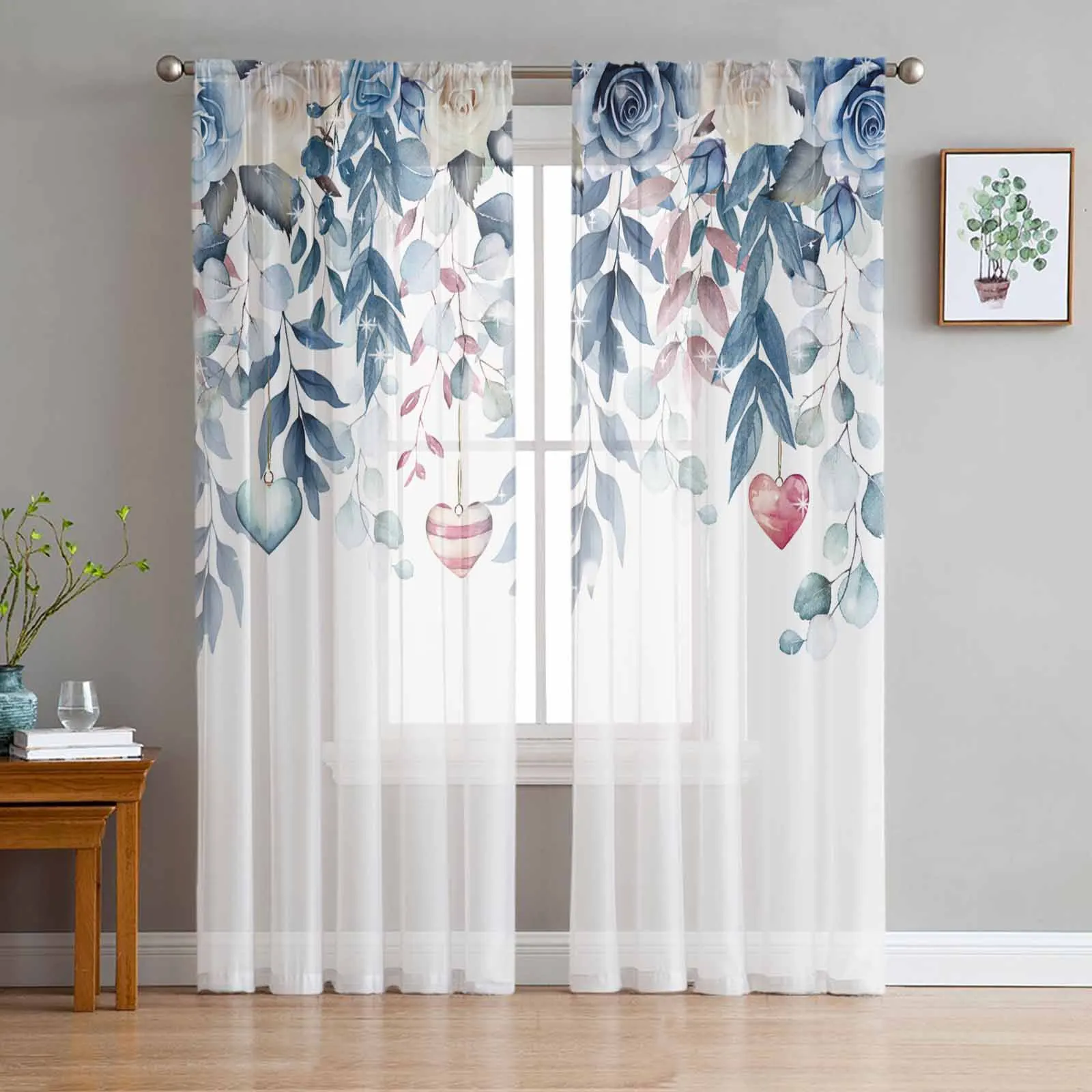 

Blue Rose Flower Love Heart Sheer Curtains for Bedroom Living Room Decoration Window Curtain Kitchen Tulle Voile Organza Drapes
