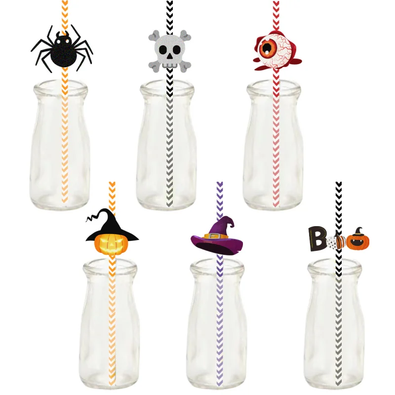 24Pcs Halloween Straw Party Decorations Skull Spider Water Cup Drink Decor with Disposable Straws Cocktail Straw Juice Tubes