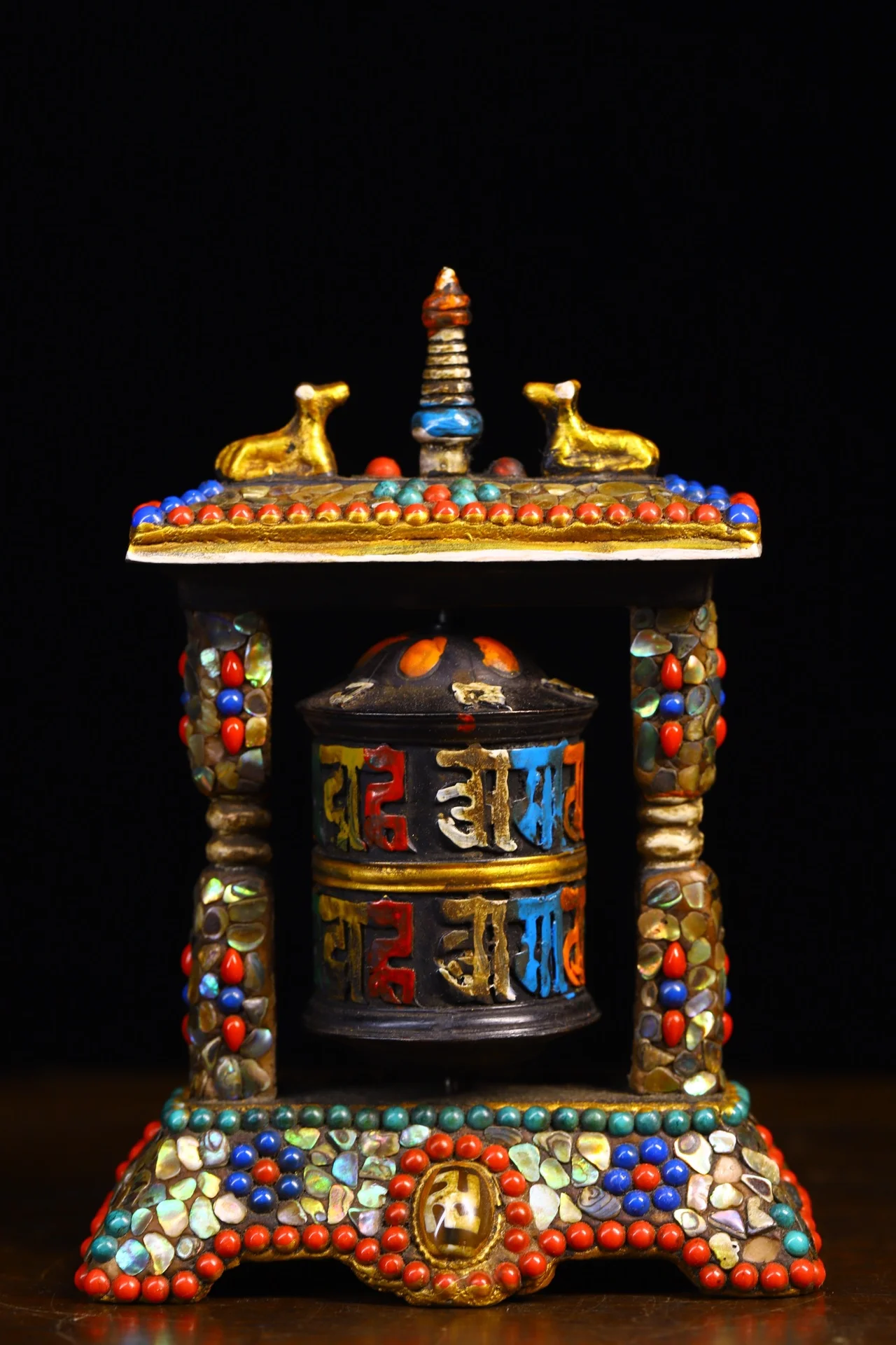 

5"Tibetan Temple Collection Old Bronze Painting Mosaic Gem gZi Beads Six-character proverbs Prayer Wheel Chanting Dharma Amulet
