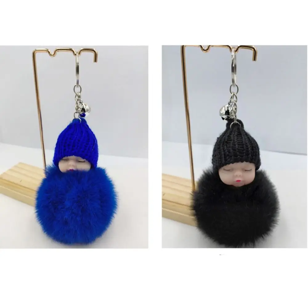 Sleeping Baby Key Ring Bag Pendant Pompom Key Buckle Faux Rabbit Fur Keyrings Plush Knitted Hat Keychain Fluffy Jewelry Key Ring