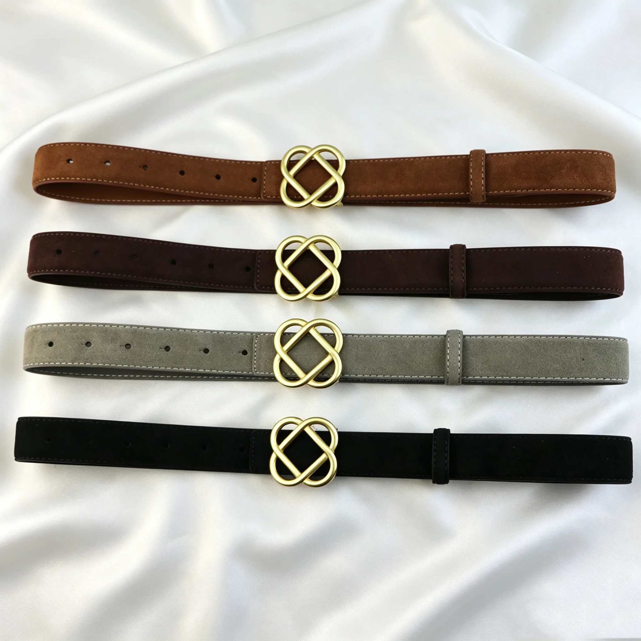 Vintage Style Suede Cowhide Belt with Retro Golden Buckle, 2.8cm Wide