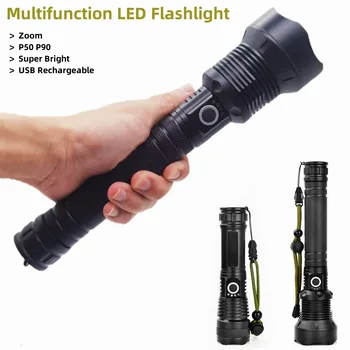 USB 충전식 LED 손전등 토치, 매우 밝은 충전식 줌 LED 전술 토치, 18650 또는 26650 배터리 캠프 램프, P50 P70