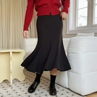 Autumn Good Quality Womens Plus Size Casual Clothing Winter OL Stylish Elastic High Waist Black Mermaid Long Skirt