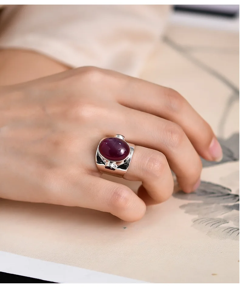 Silver Red Corundum Wide Ring, Minimalist Oval Stone Ring