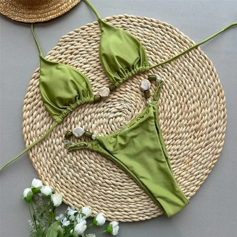 Summer Low Waist Triangle Bikinis Solid Split Bathsuit for Women Sexy Swimwear Push Up Beachwear Brazilian Micro Swimsuit