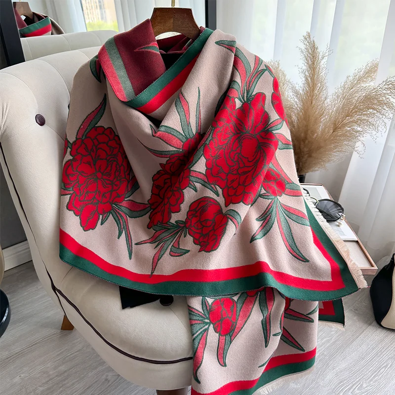 Thick Floral Print Scarf Faux Cashmere Women Luxury Warm Travel Blanket Shawl Designer 2024 New muffler neckerchief