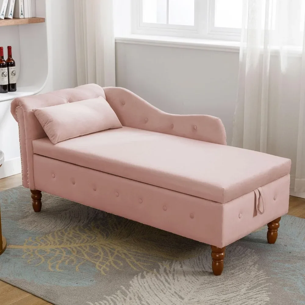 

Chaise Lounge Velvet Upholstered Nailhead For Home,sectional Couch Luxury,Pillow,Curved Armrest,Roller Backrest Storage,Pink