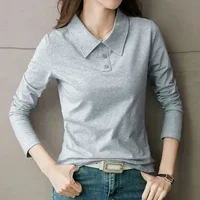 High Quality T-shirts 100℅ Cotton Female Tee Long Sleeve With Collar Korean Popular Clothes Basic Pretty Original Women's Polo - Image 4