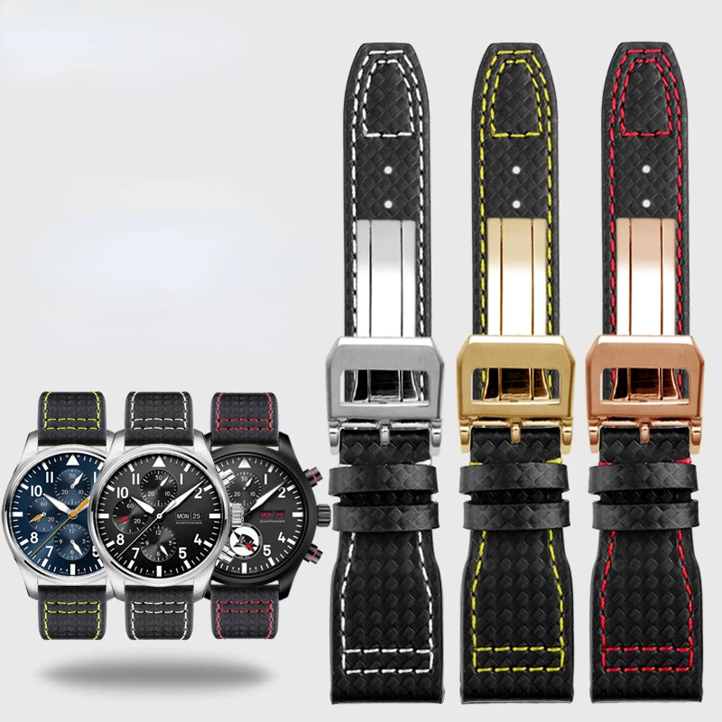 Pulseira de Relógio de Couro de Fibra de Carbono para Iwc Pilot Mark 18 Portugal Pulseiras Acessórios Masculinos 20m 21 mm 22 mm Alta Qualidade