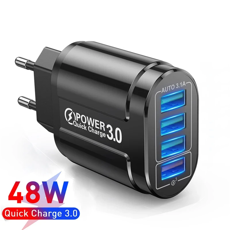 4 Ports 38W USB Charger USB A Charger US/EU Plug Fast Charging Quick Charge 3.0 for iPhone Samsung
