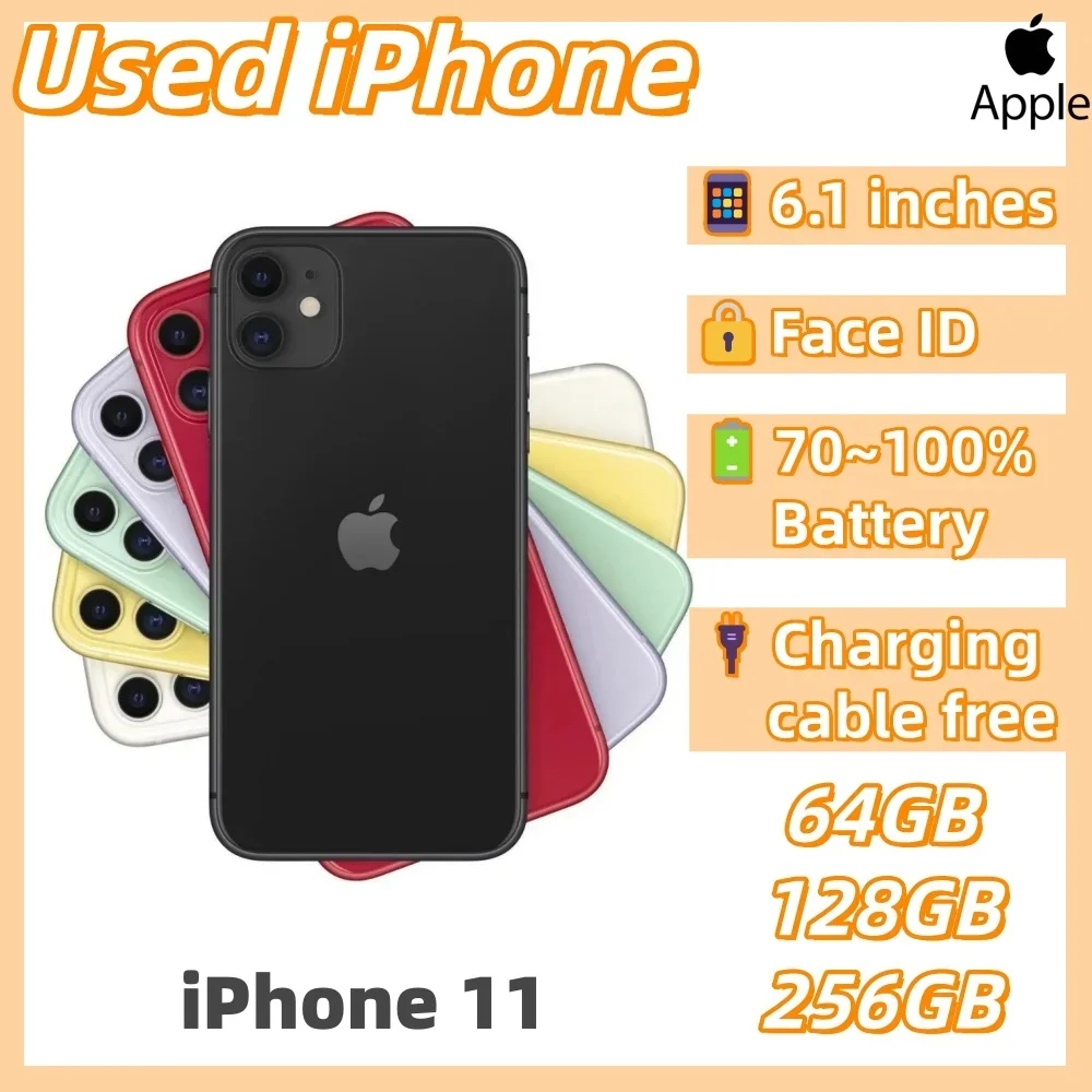 iPhone 11 Original Usado de Apple, 64GB/128GB/256GB, Doble SIM Física, Desbloqueado, Pantalla de 6.1 Pulgadas, Chip A13, Face ID, Smartphone 4G Usado 1