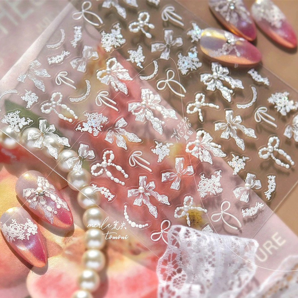 매력적인 흰색 레이스 리본 매듭 섬세한 진주 라인스톤 물방울 무늬 나비 넥타이 금색 은색 레오파드 프린트 네일 아트 스티커 데칼