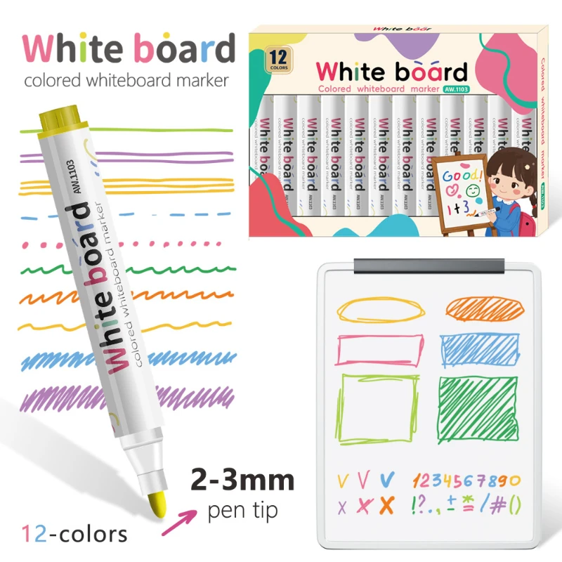 12pcs 색상 지울 수있는 화이트 보드 펜 마커 쓰기 쉽고 닦기 쉬운 교사 사무실 및 학교 용품에 대한 빠른 건조