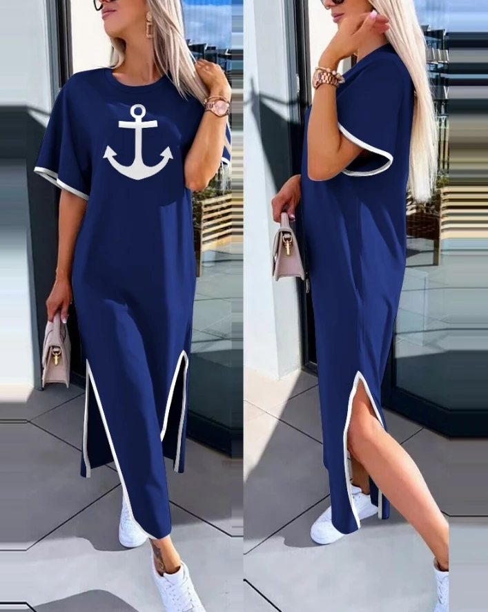 

Elegant Sexy for Women 2024 Summer Casual Style Round Neck Anchor Print Slit Short Sleeve Casual Daily Vacation High Waist Dress