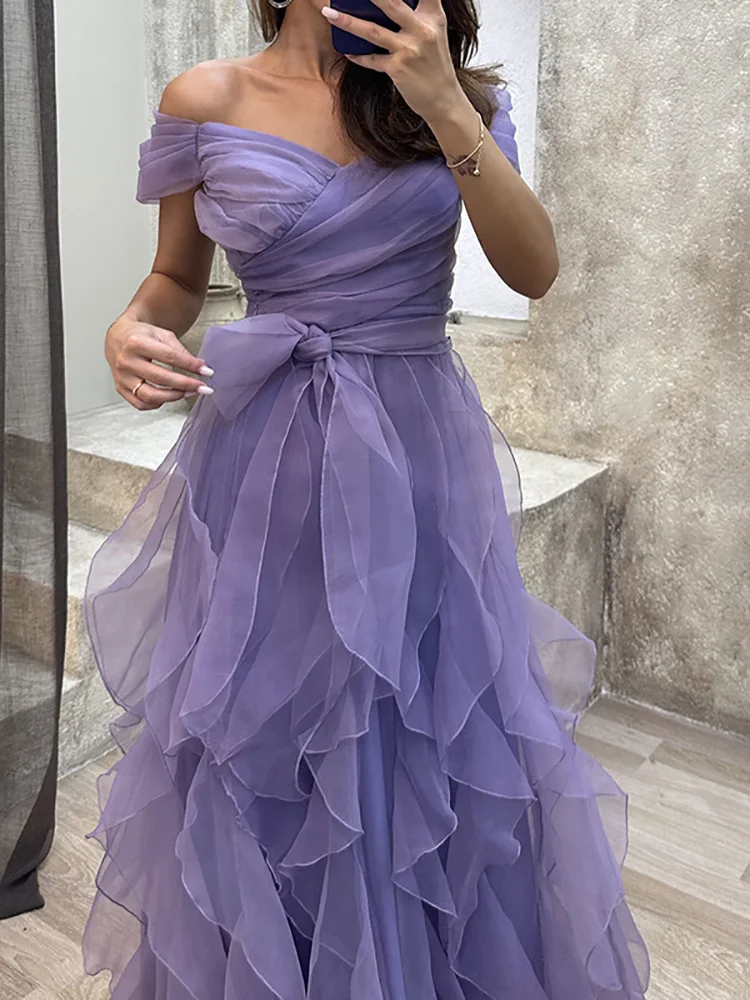 

Women Summer Holiday Off The Shoulder Party Dress, Solid Loungewear V-Neck Slim Maxi Dress, Lace-Up Zipper Fashion Ladies Dress